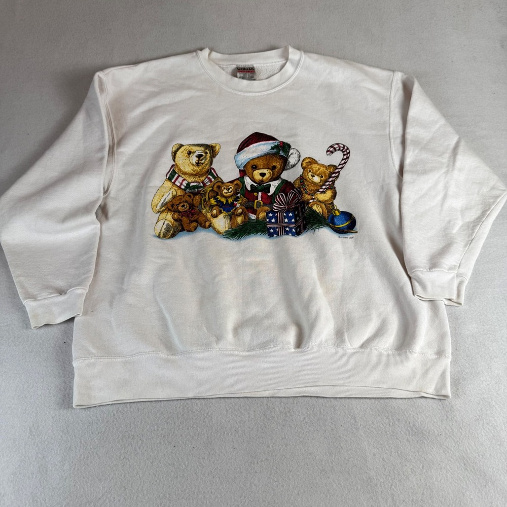 Vintage Oneita Christmas Teddy Bears Sweatshirt White XL Made in USA 90s Graphic